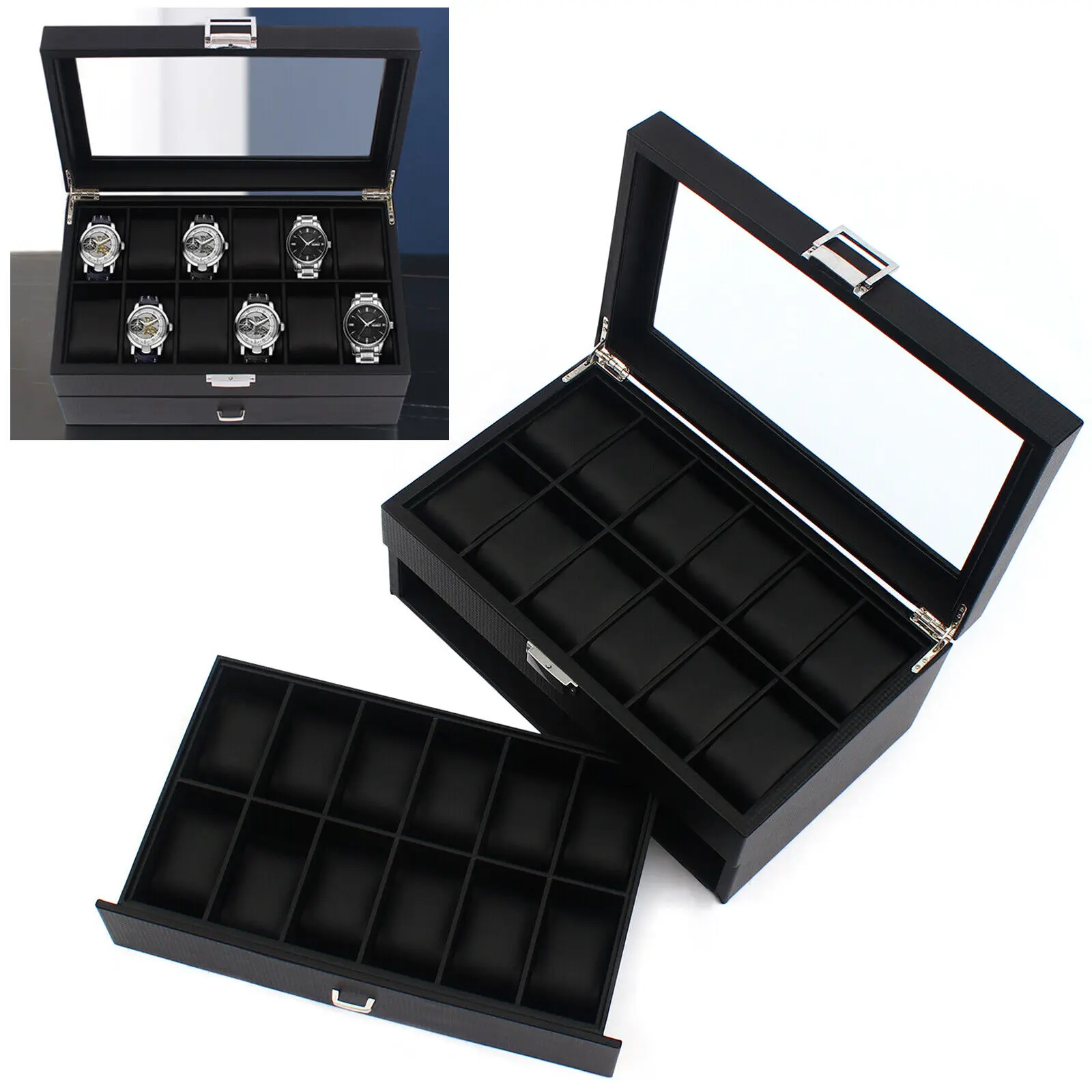 24 Slots Men Watch Box Organizer Large Watch Holder Jewelry Storage Display Case