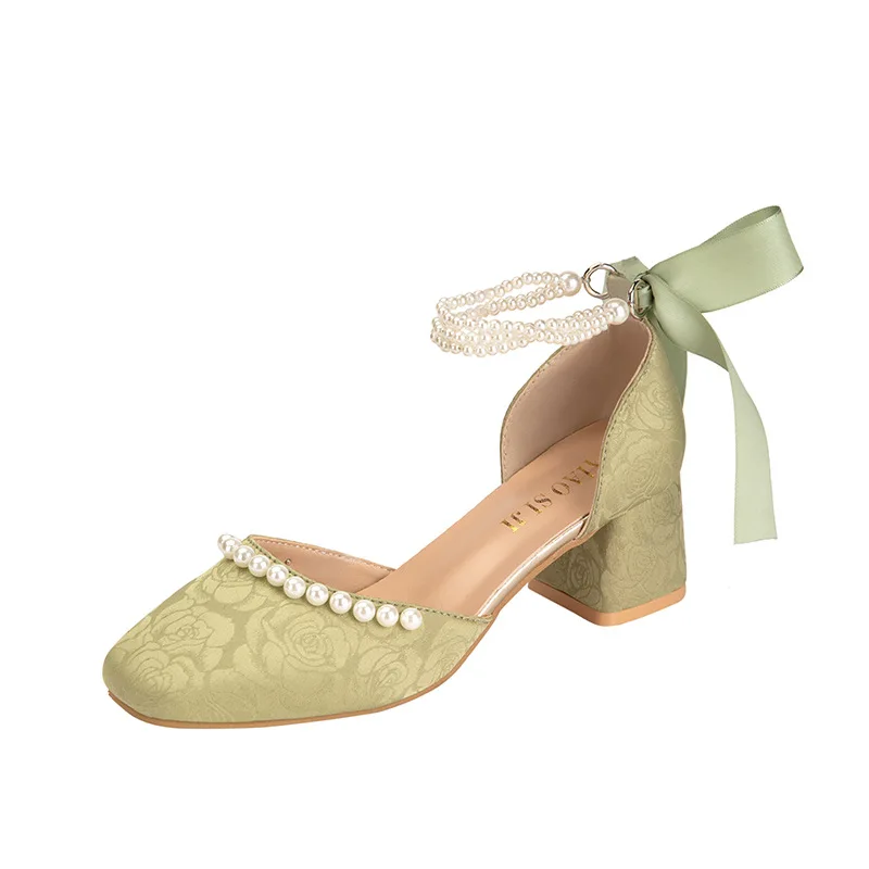 Summer New Square Pearl Lolita Pumps Style Cheongsam Shoes Vintage Mary Jane Women