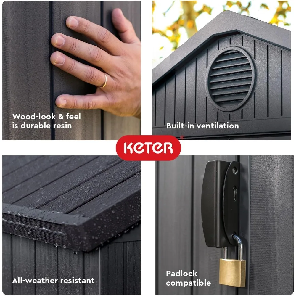 سقيفة تخزين خارجية آمنة من Darwin مقاس 4 × 6 أقدام باللون الرمادي الجرافيت مع هيكل من الراتنج قابل للقفل، وباب واحد، ونافذة، وإضاءة كاشفة #6