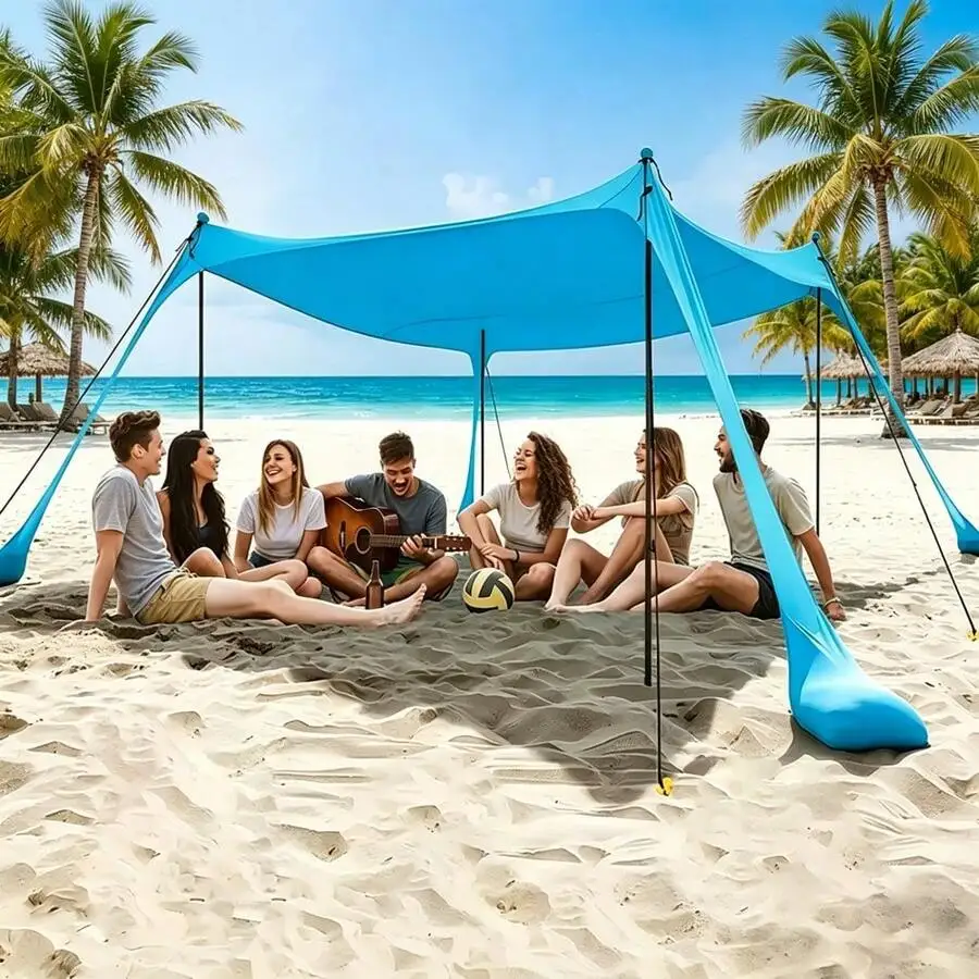 Beach Tent with Sand Shovel - Lightweight Blue Square Outdoor Canopy for All Seasons, Durable Fabric Shelter for Beach Camping, Park, Fishing & Family Gatherings, Picnic Shade