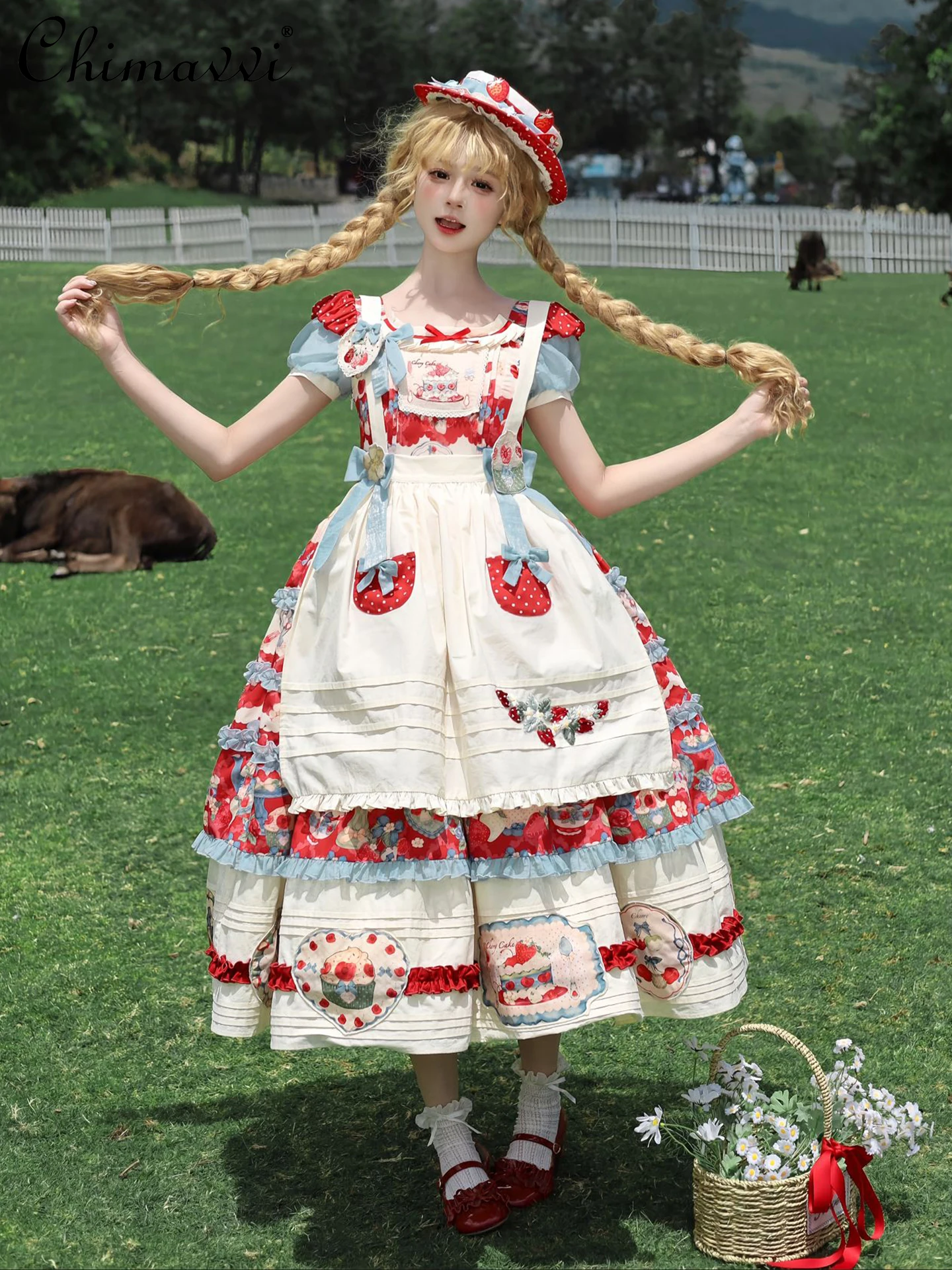 Abiti Lolita pastorali alla fragola 2025 Estate nuove ragazze dolci donne carino stampa Op principessa elegante abito lungo e grembiule