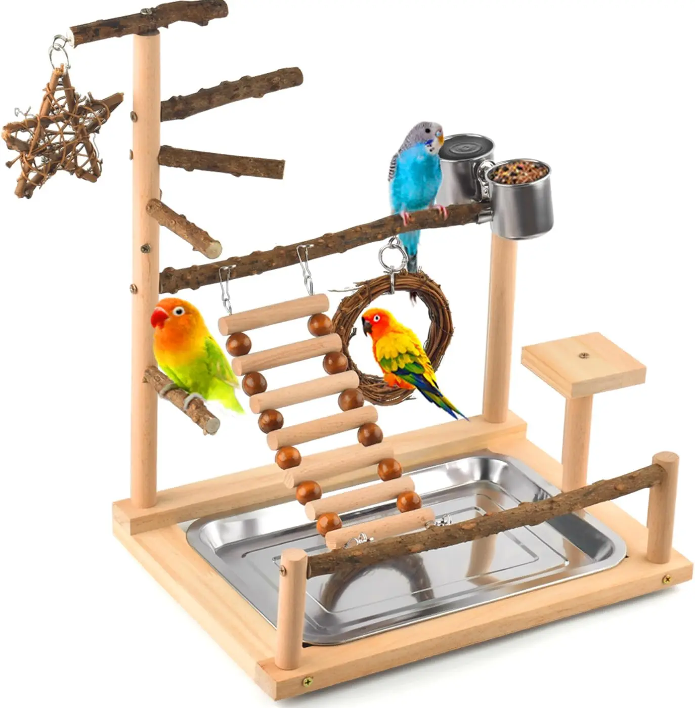 

Bird Playground - Natural Wooden Bird Perches Parakeet Ladder Conure Swing Bird Cage Accessories with Removable Tray & 2 Stainle