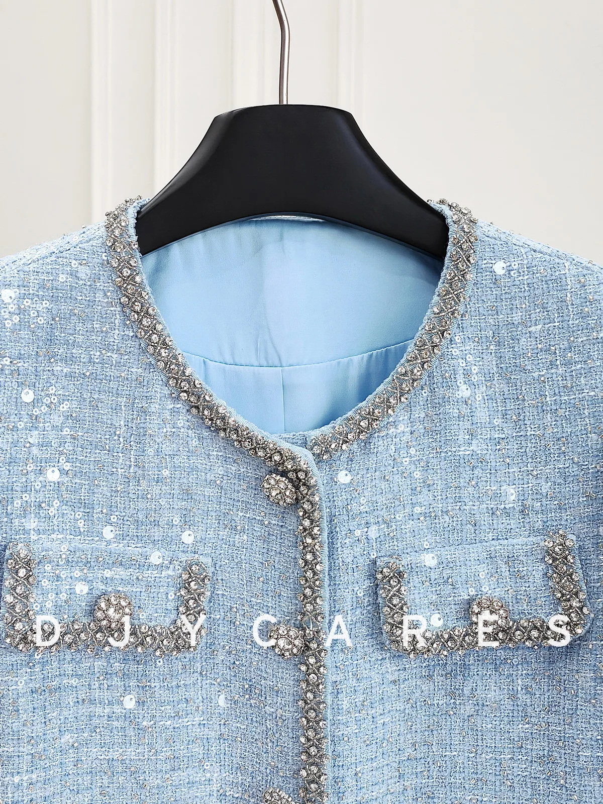 New Bold tweed light blue heavy industry diamond chain jacket fashionable top big size