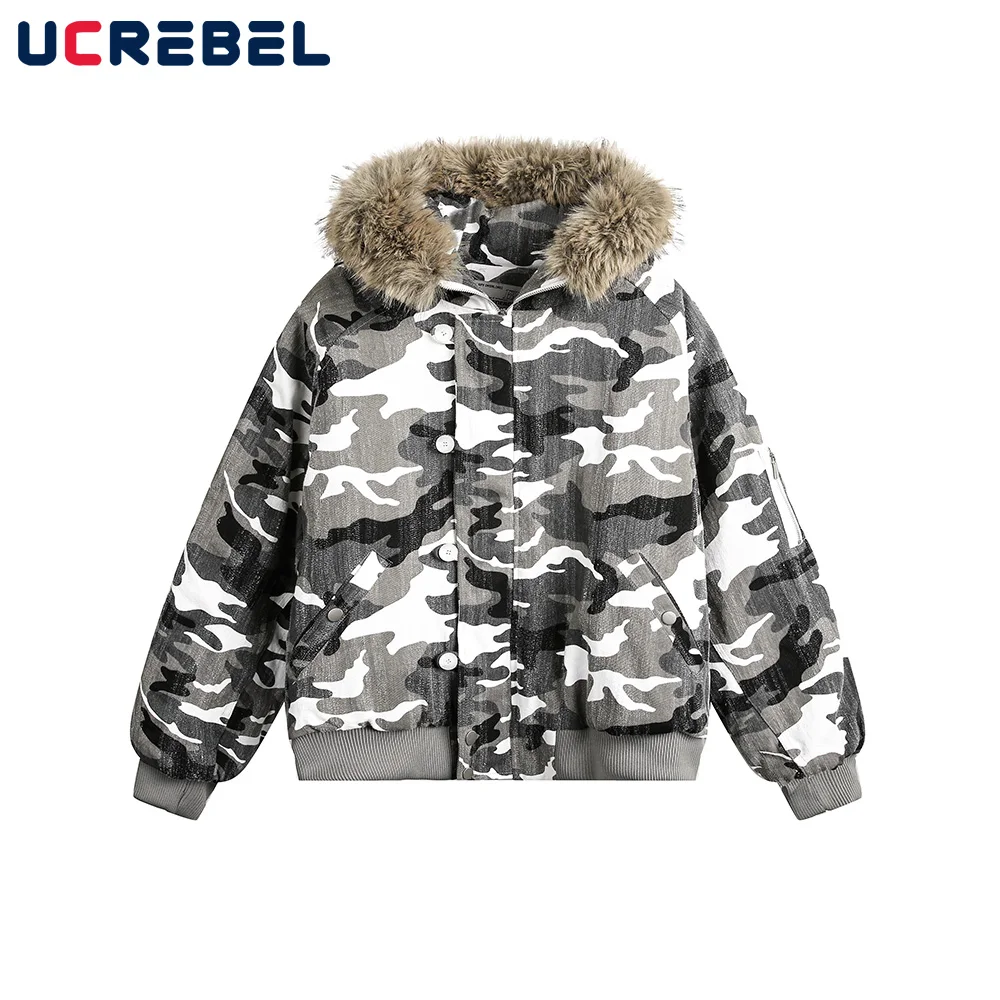 Camouflage Hooded Padded Jacket Mens High Street Winter Thick Loose Long Sleeve Spliced Pocket Quilted Jacket Men