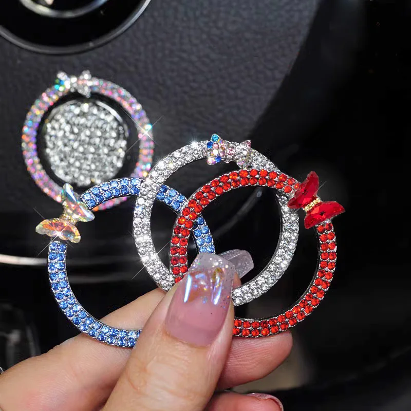 

2pcs Hot Sales Rhinestone Car Start Button Decoration Circle Diamond Butterfly One Click Start Button Engine Start Stop Stickers
