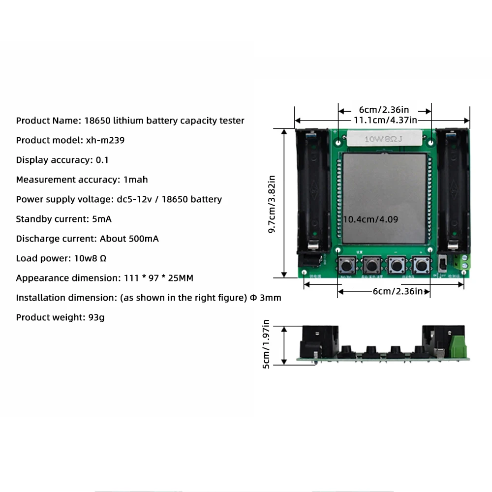 XH-M239 Lithium Battery 18650 True Capacity Tester Module MaH/mwH LCD Digital Measurement High Precision Battery Monitor