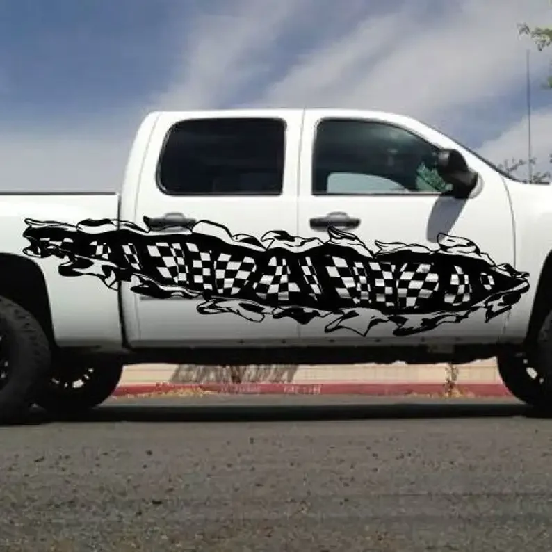 Checkered Flag Swirl Race Ripped Grunge Door Side Bed Pickup Vehicle Truck Car Van Vinyl Graphic Decal Sticker Trailer
