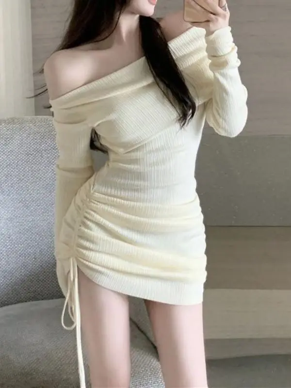 

Off Shoulder white Long Sleeve Knitted Dress Women's Spring 2023 New Spicy Girl Drawstring Pleated Waist Wrap Hip Skirt 1PGE