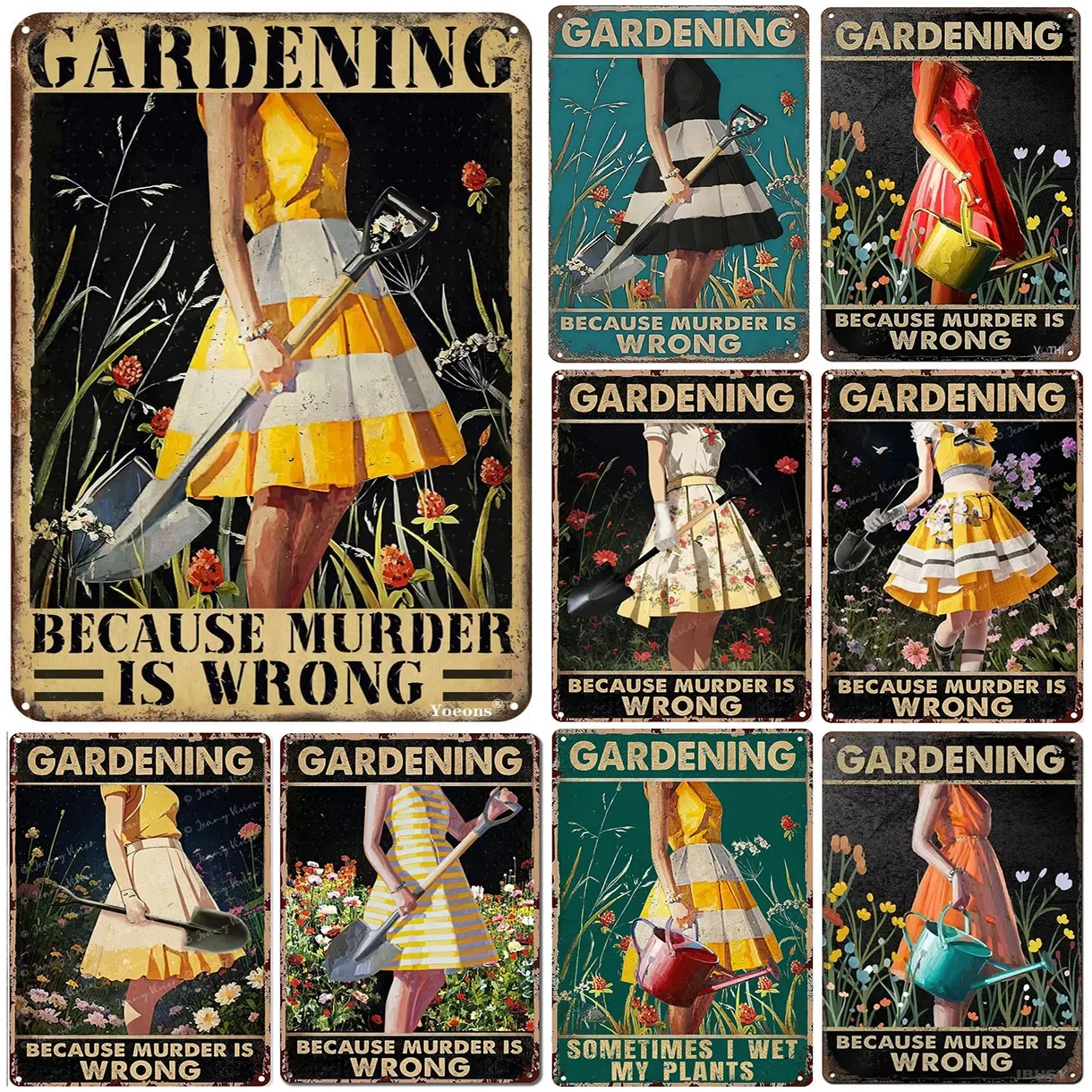 Vintage Metal Tin Sign Gardening Because Murder is Wrong Retro Metal Sign for Garden Club Outdoor Indoor Home Wall Decorative