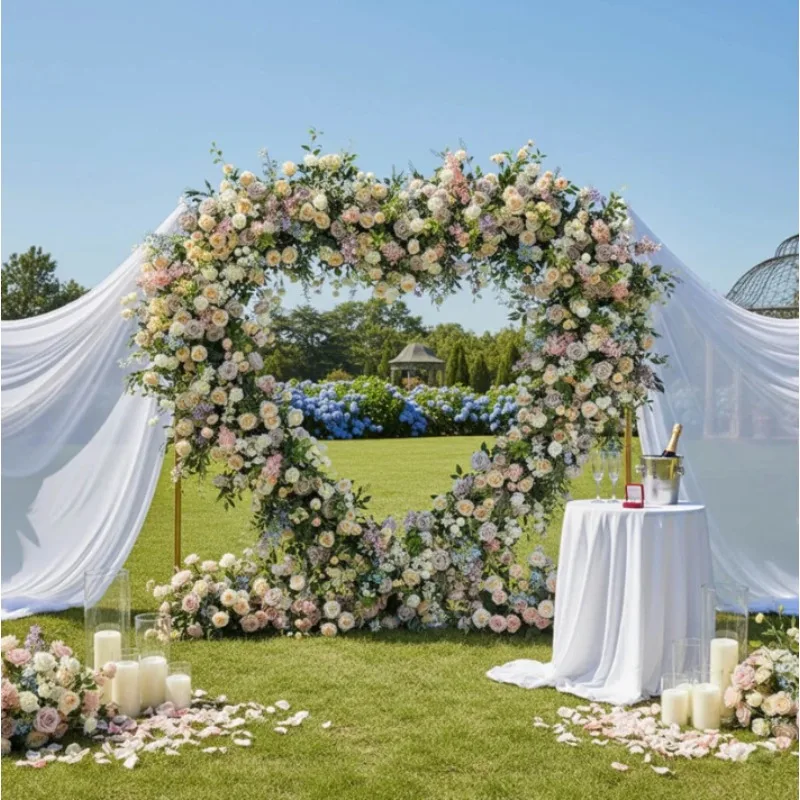 Green wedding love arch simulation cloth bottom heart-shaped background, outdoor wedding site layout props