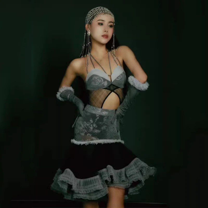 2024 Latin Dance Kostüm Frauen Leistung Kleidung Rose Spitze Tops Rock Rumba Tanz Kleidung Latin Wettbewerb Kleid DNV 20804