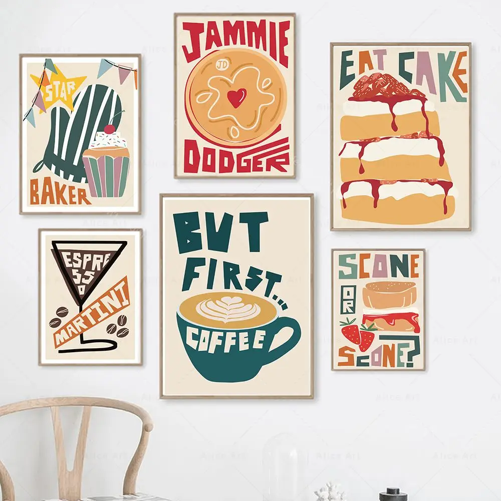 الشاي والبسكويت الفن يطبع كعكة القهوة اسبريسو كوكتيل الفواكه الرسم على لوحات القماش الجدارية المطبخ الرجعية الملصقات غرفة الطعام ديكور