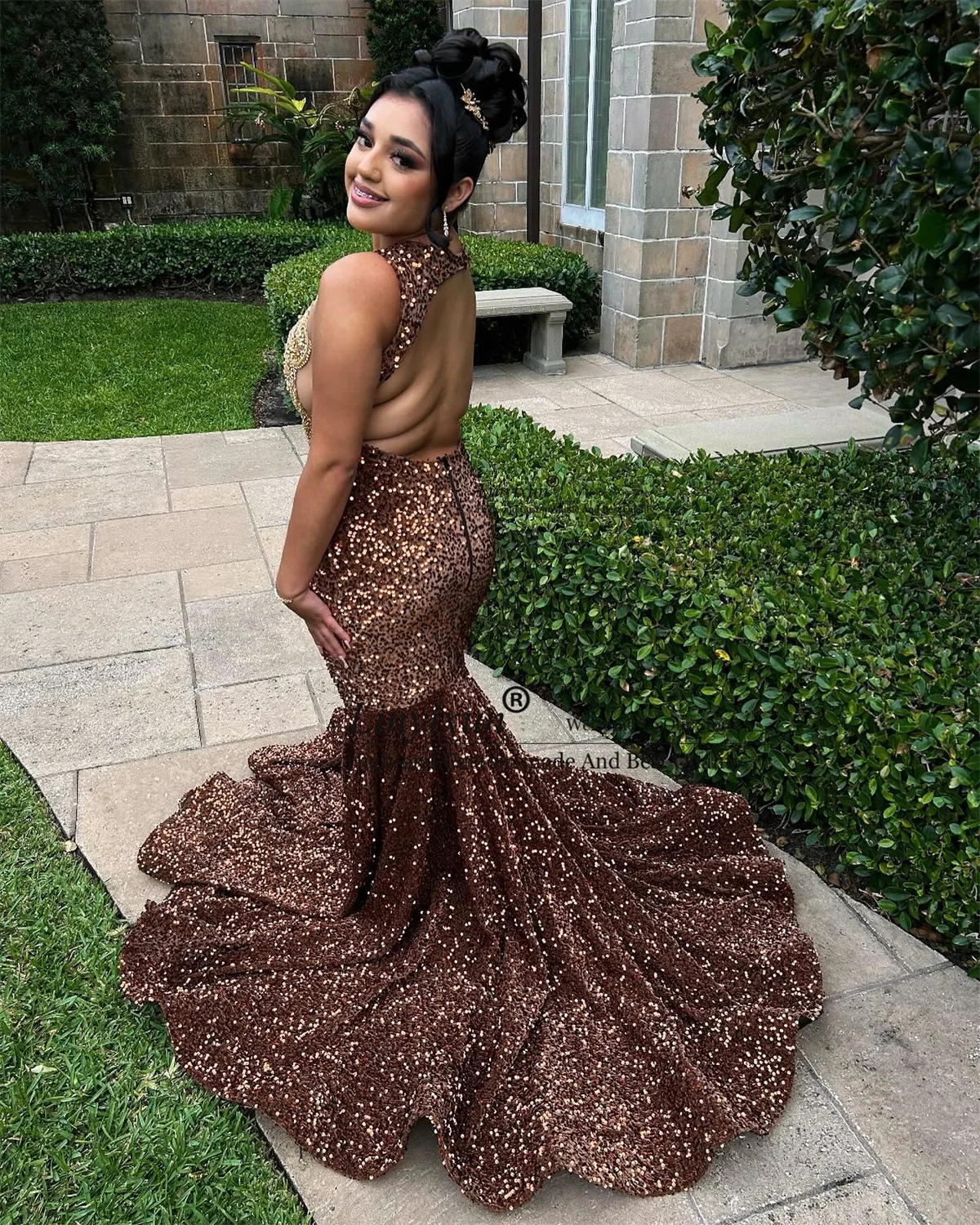 Fashion Brown Black Girls Mermaid Prom Dresses Luxury Rhinestones Beaded Evening Party Gala Gowns Long Birthday Robe De Soiree