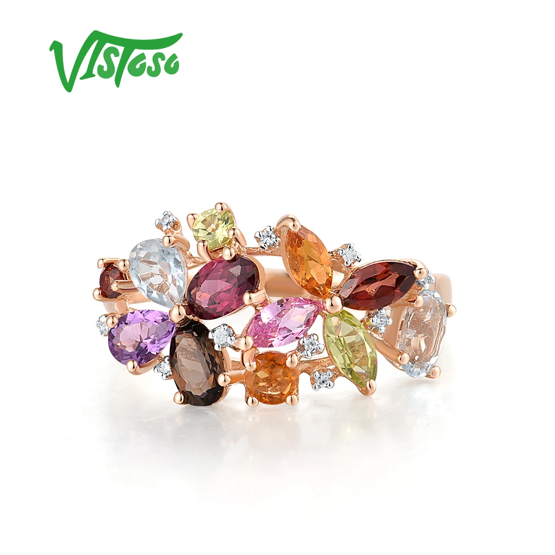 VISTOSO Pure 14K 585 Rose Gold Ring Sparkling Diamond Fancy Multicolored Gems For Women Wedding Anniversary Trendy Fine Jewelry