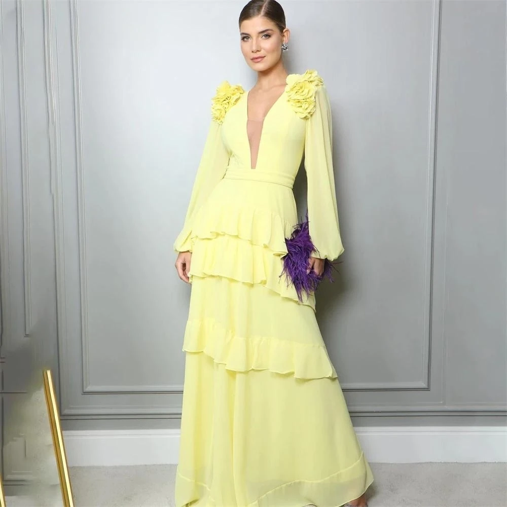 

Lovestory Light Yellow Chiffon Tiered Prom Dresses Plunging V Neck Handmade Flowers Evening Dress Long Sleeves Formal Party Gown