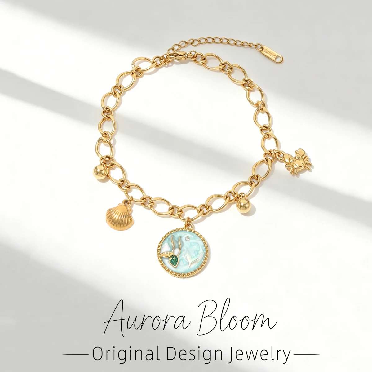 

AURORA Ocean Style Circle Enamel Pendant Bracelet For Women's Hand Bracelets Summer Pearl Shell Charm Stainless Steel Jewelry