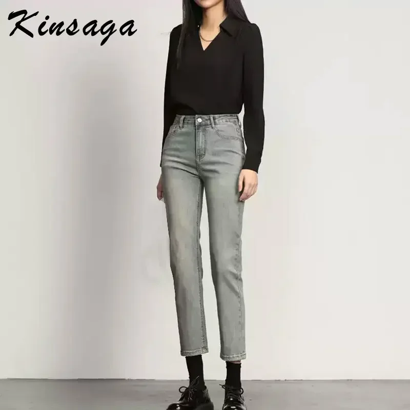 Kinsaga Water Wash Old Blue Straight Jeans Women Korean Fashion Slimming Nine Point Smoke Pipe Pants Pear Shaped Capris Jeans