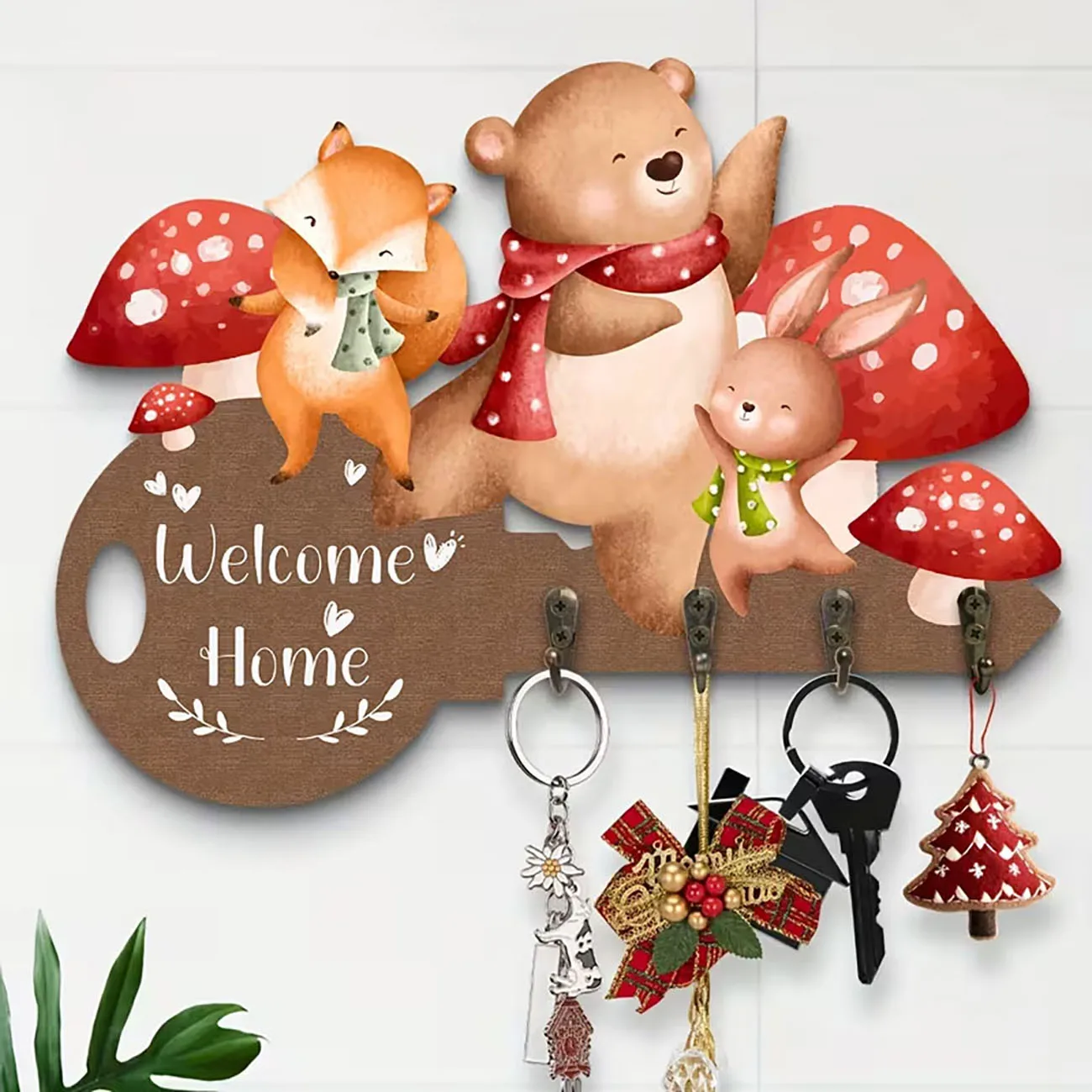 Welcome Home Bear Fox Rabbit Mushroom Wooden Key Hook Wall Hanging Decor With Four Metal Hooks 2D Flat Print