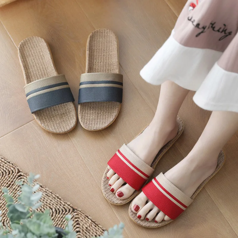 Sandal wanita nyaman sol ringan, sandal wanita 2024 rumah pasangan Anti Slip, sol lembut Linen dalam ruangan empat musim