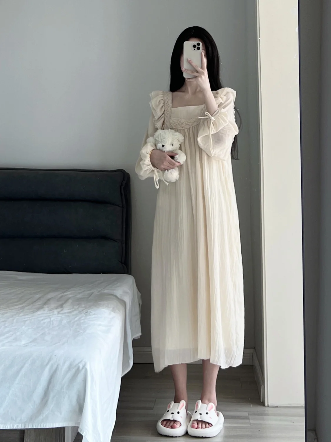 Women Spring Solid Linen Pajamas Dress Female Lace Trim Puffle Sleeves Nightdrss Students Long Dress Oversize Home Clothing 4XL