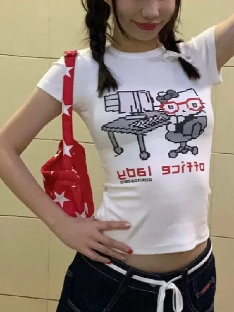 Women's Cotton T-shirt Short Sleeve Crop Top Cuteore Cat Graphic Tees Y2k Tops Youth Clothes Shirt Women  Korean Style 2024