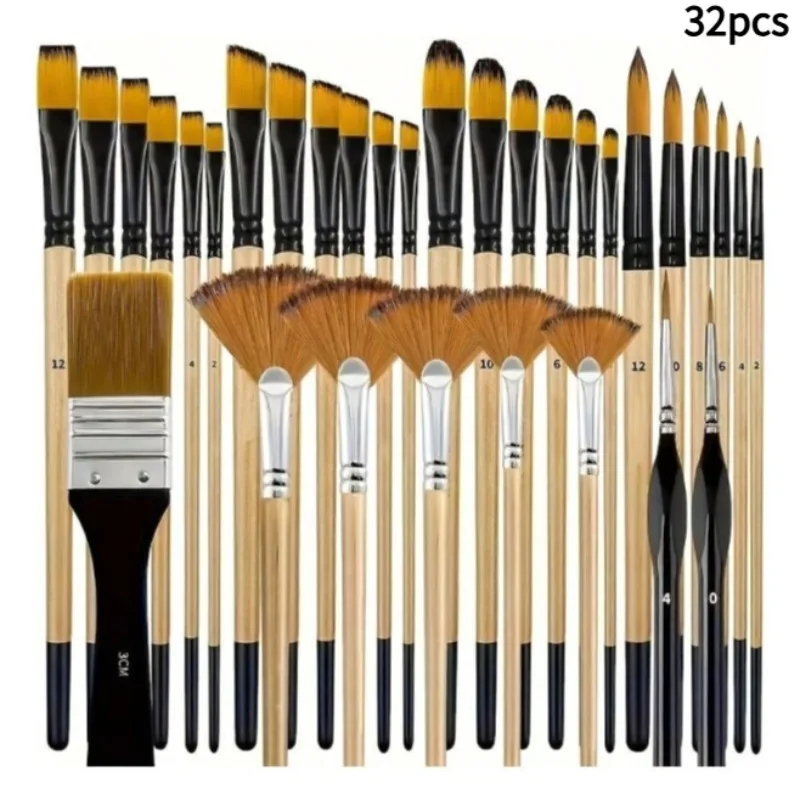 32 Nylon Brush Sets-round, Hazelnut-shaped, Flat, Fan-shaped,  Suitable For  Acrylic, Oil Painting And Watercolor Painting