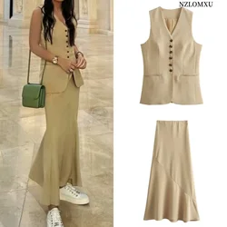 Women 2024 Fashion Summer Vest Skirt Sets Khaki V-Neck Sleeveless Pockets Waistcoats+High Waist Asymmetrical Skirt Suits