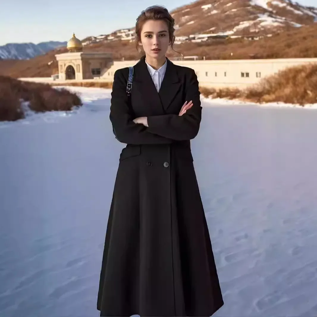 

Female Fashion Big Coat Thickened Woolen Coat for Women Russian Style Knee-length Snow-proof Luxury Polyester Fiber