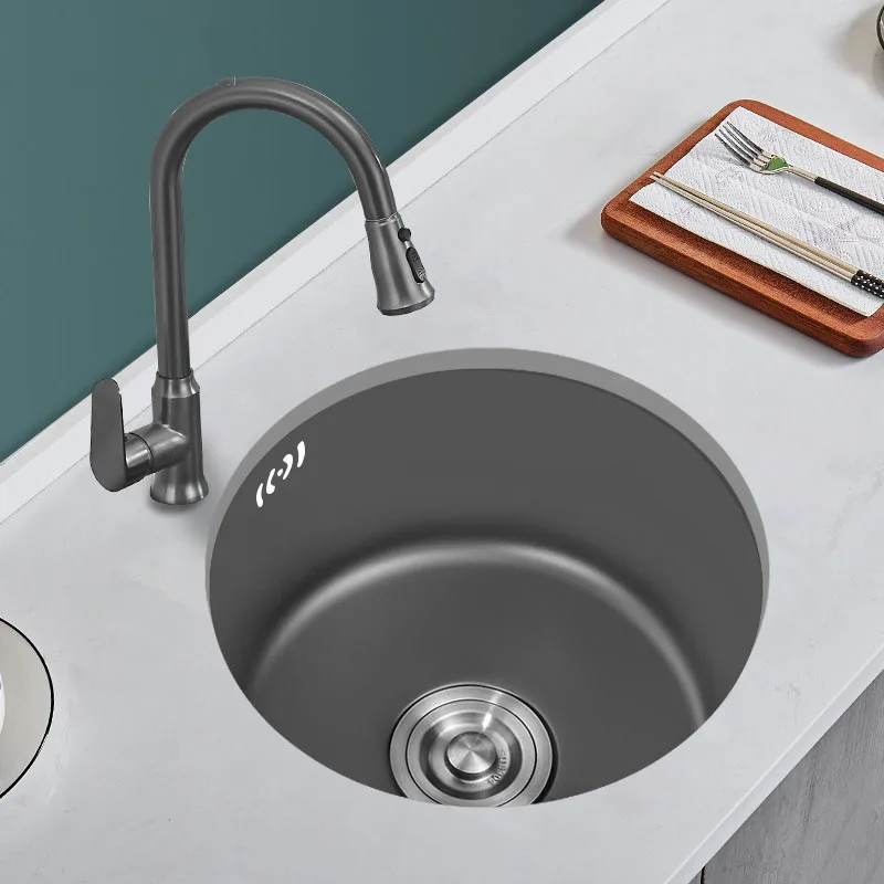 

Gun gray nano-circular sink single slot small size bar island kitchen 304 stainless steel dish washing basin