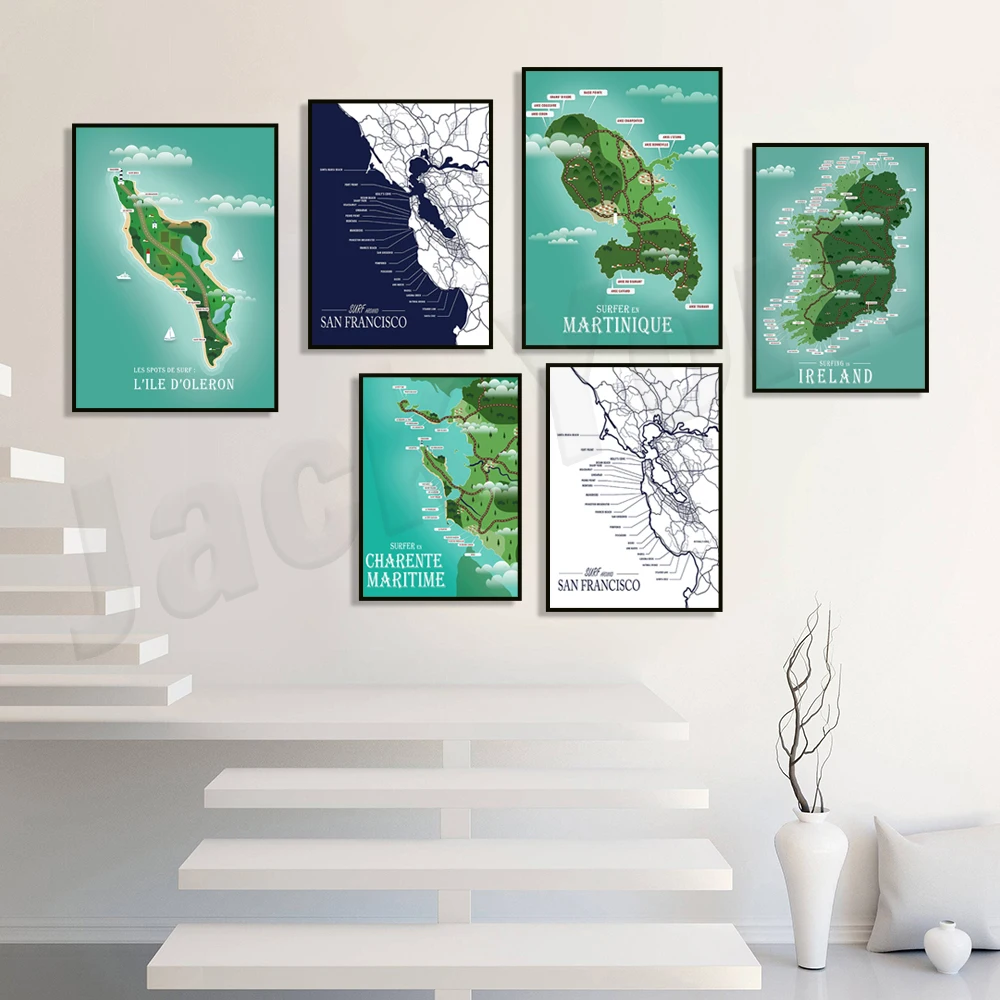 Surf Map 'île d'Oléron, San Francisco, France, Brittany, Guadeloupe, Martinique, Ireland, surf map poster surfer gift