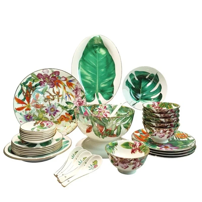 

Illustration bone china 36 pieces tropical rainforest tableware dish set