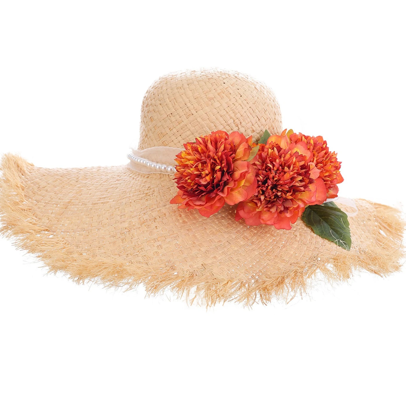 

HIgh End Raffia Straw Sun Hat Large Flower Wide Brim Summer Fedora Cap Beach Summer Party Pearls Sombreros De Mujer Para El Sol