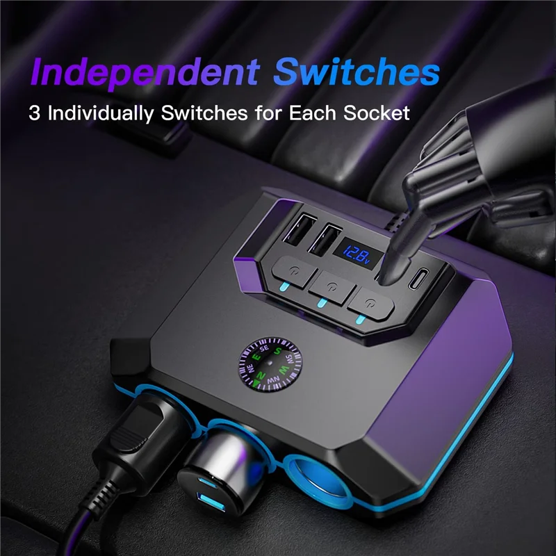 

A72T 7 In 1 Car Charger, Cigarette Lighter Splitter Adapter 4 USB Ports With Switch LED Voltage Display For All Car Devices Dura