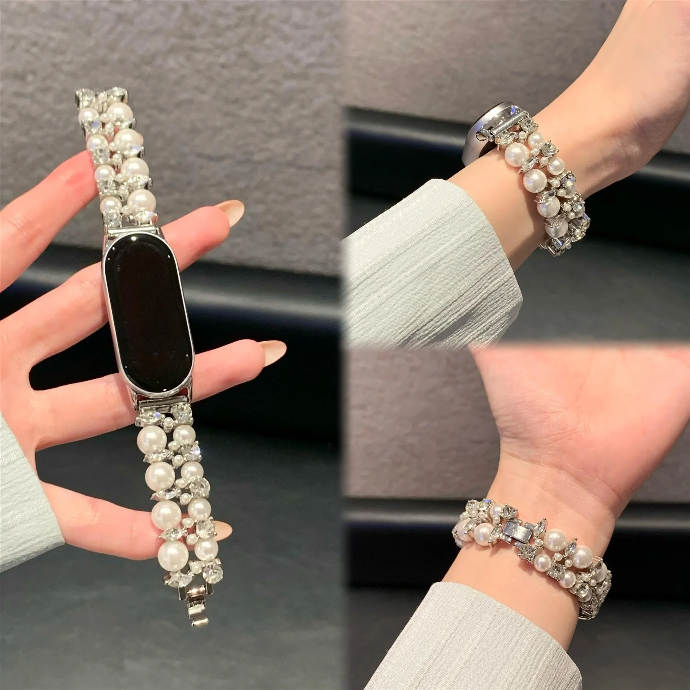 حزام ماسي مرصع باللؤلؤ بصف مزدوج مناسب لـ Xiaomi Band 8Pro/9Pro، لـ Mi band 3/4/5/6/7,8/8NFC/9/9NFC/10/10NFC، لـ Redmi Wat #1