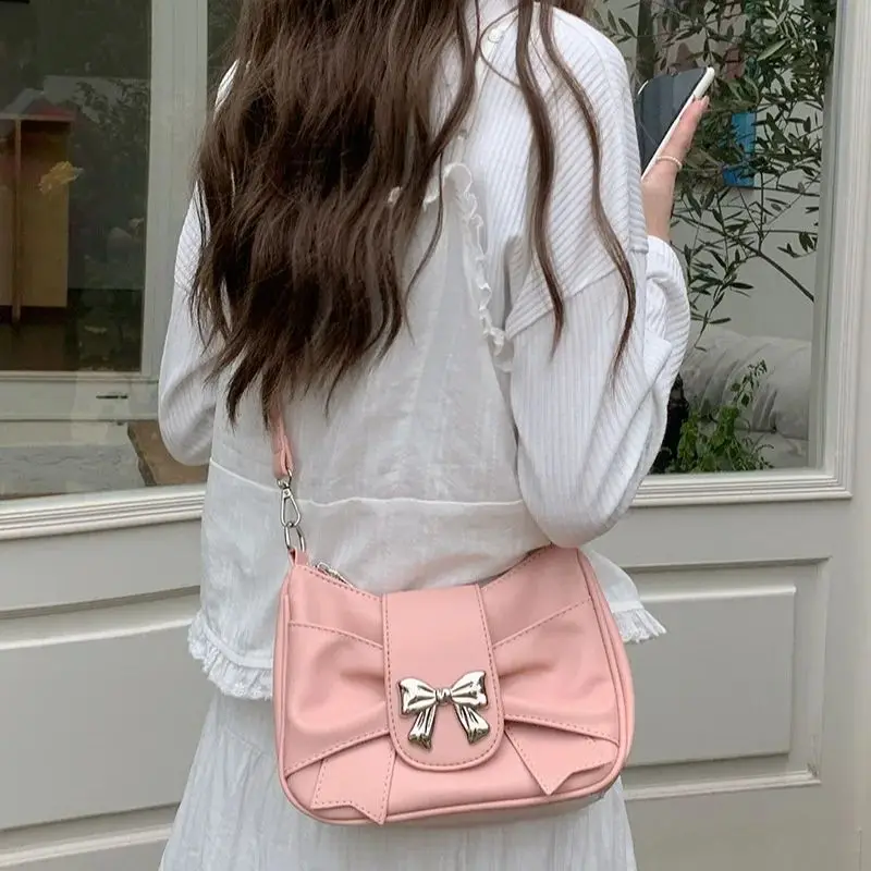 

TRSYPHXM 2024 new Bow bag for women 2024 new spring/summer fashion single shoulder crossbody bag casual girl pink small bag