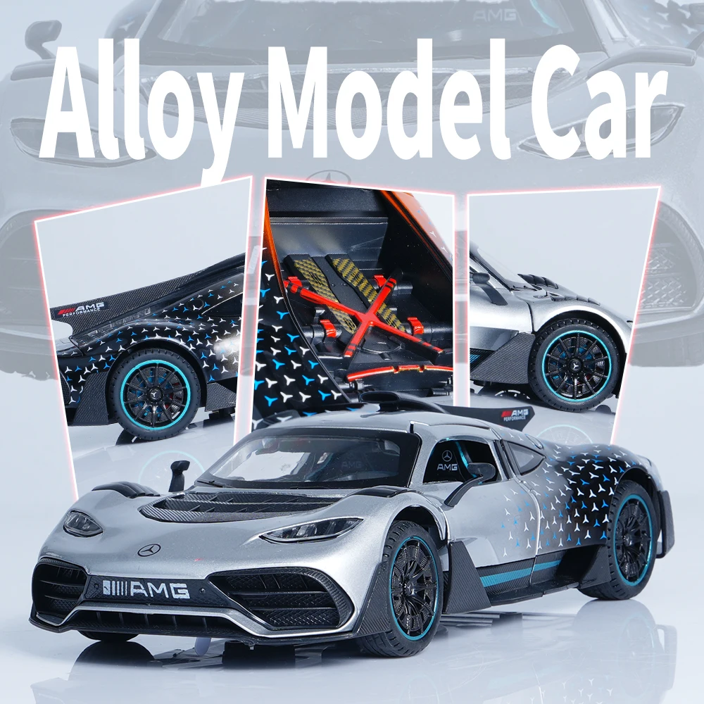 Modello di supercar in lega grigia 1:24 con suono e luce, tirare indietro, tre porte, coda sollevabile, sterzo ruota anteriore, ammortizzatore a quattro ruote, giocattolo per ragazzo