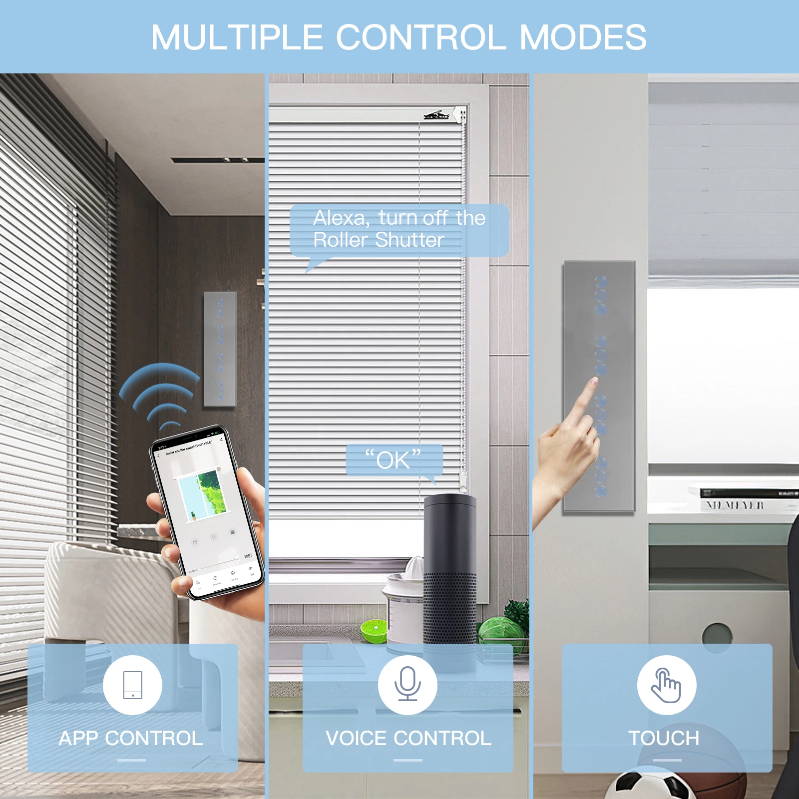 BSEED Four Wifi Roller Shutter Switches Tuya Smart Blinds Switch Smart Life Alexa Alice App Control EU Standard Glass Panel