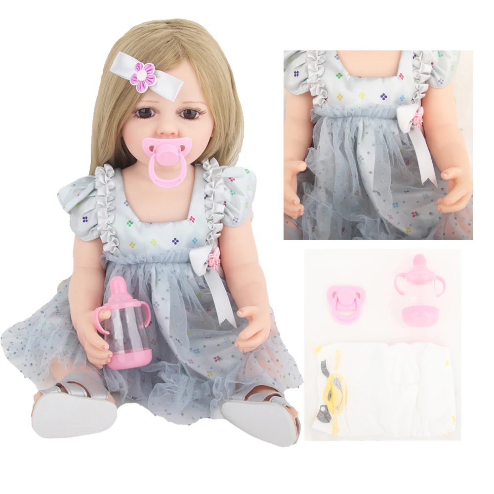 Reborn Dolls Full Body Silicone Girl 22 inch 55 cm Lifelike Newborn Baby Doll with Long Hair Dress for Girls Birthday Xmas Gifts