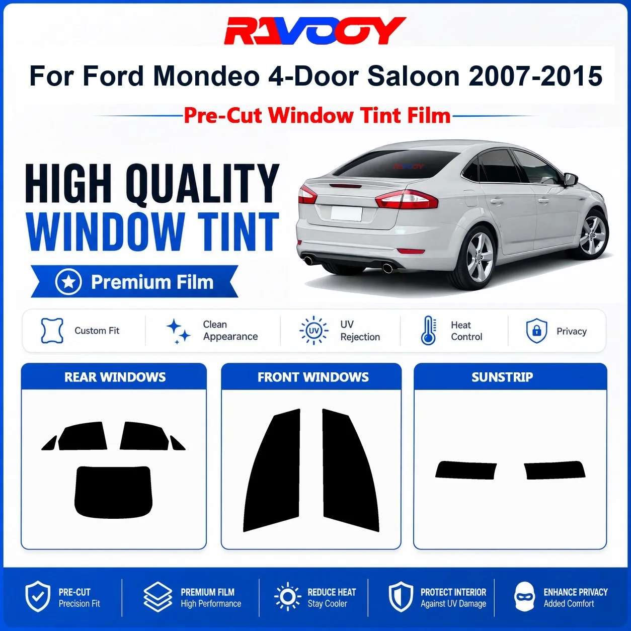 Premium Pre-Cut Window Tint For Ford Mondeo 4-Door Saloon 2007-2015 Front & Rear Windows UV Heat Rejection Privacy Film