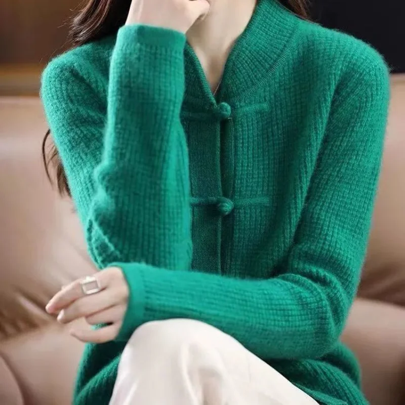 

New Autumn and Winter Retro Knitted Cardigan for Women with Half-high Neck Button Loose Slim Sweater Jacket Chinese Style Top