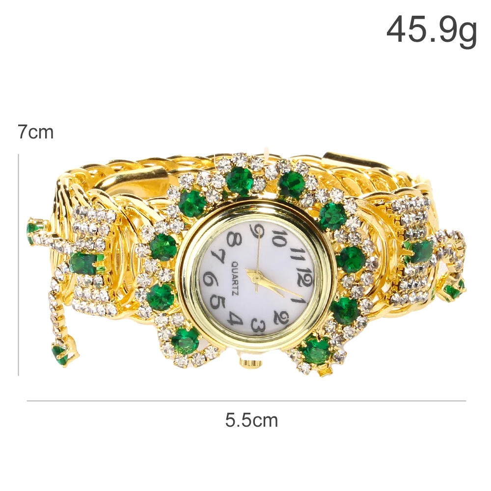 Boho Green Flower Rhinestone Bracelet Watch Wedding Hand Decoration 2024 Valentine Day Bling Crystal Cuff Bangle Dress for Women