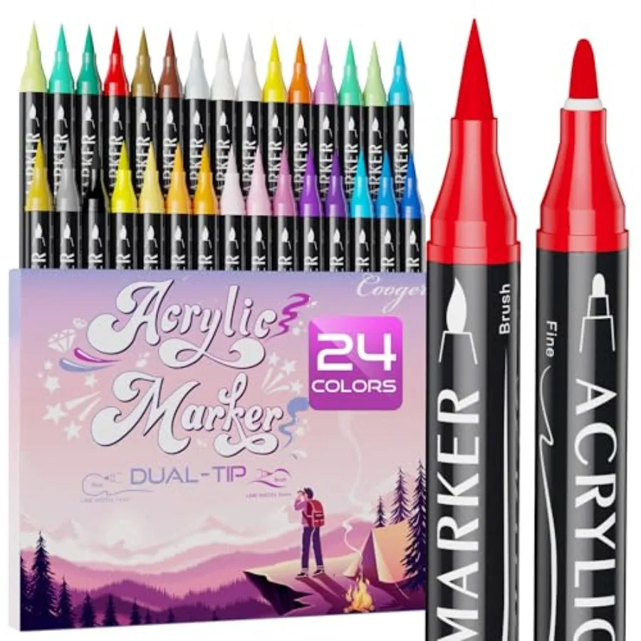 

Dual Tip Acrylic Paint Markers, Fine Tip and Brush Tip Permanent Acrylic Paint Pens For Rock Painting, Canvas, Wood, Glass, Cer