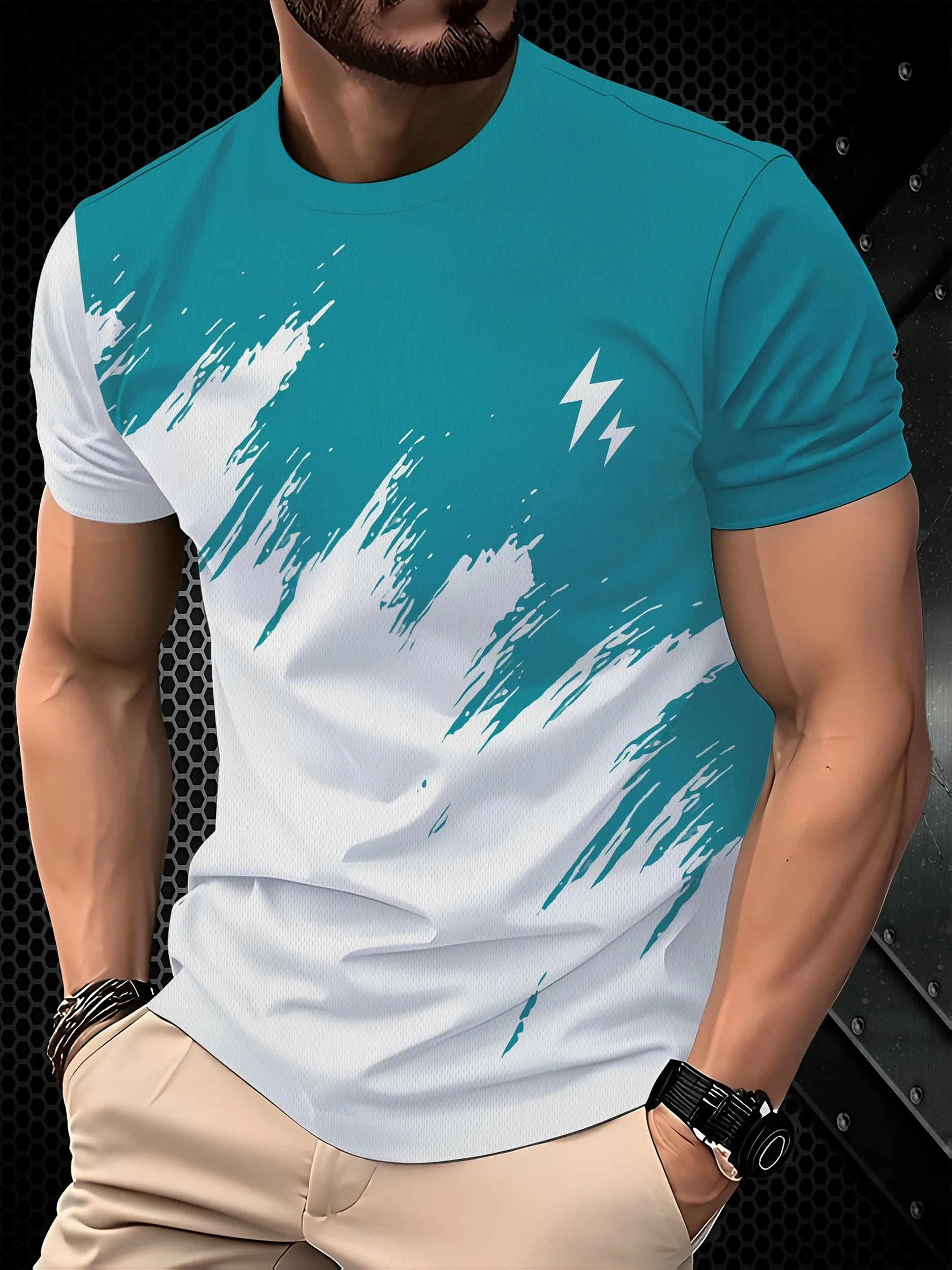 

Men's 3D Lightning Bolt Graphic T-Shirt Black & White Color Block Casual Short Sleeve Tee Breathable Summer Round Neck Top