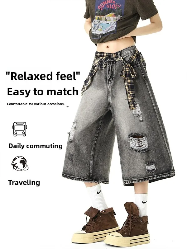 Washed Denim Style Seven-Foot Pants Women's Summer New American Retro Small Size Trendy Wide Leg Medium Pants Casual High Wai...