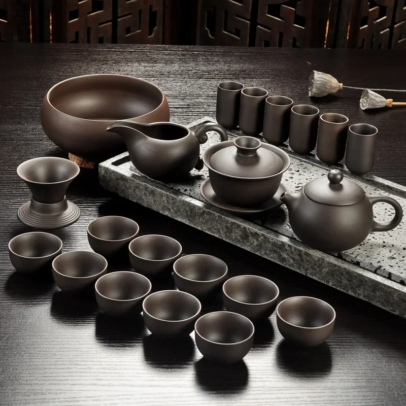 

Yixing Purple Sand Tea Set Black/Red Ceramic Kung Fu Teapot Handmade Teacup Gaiwan Tureen Tea Ceremony (Not Include Stone Table)