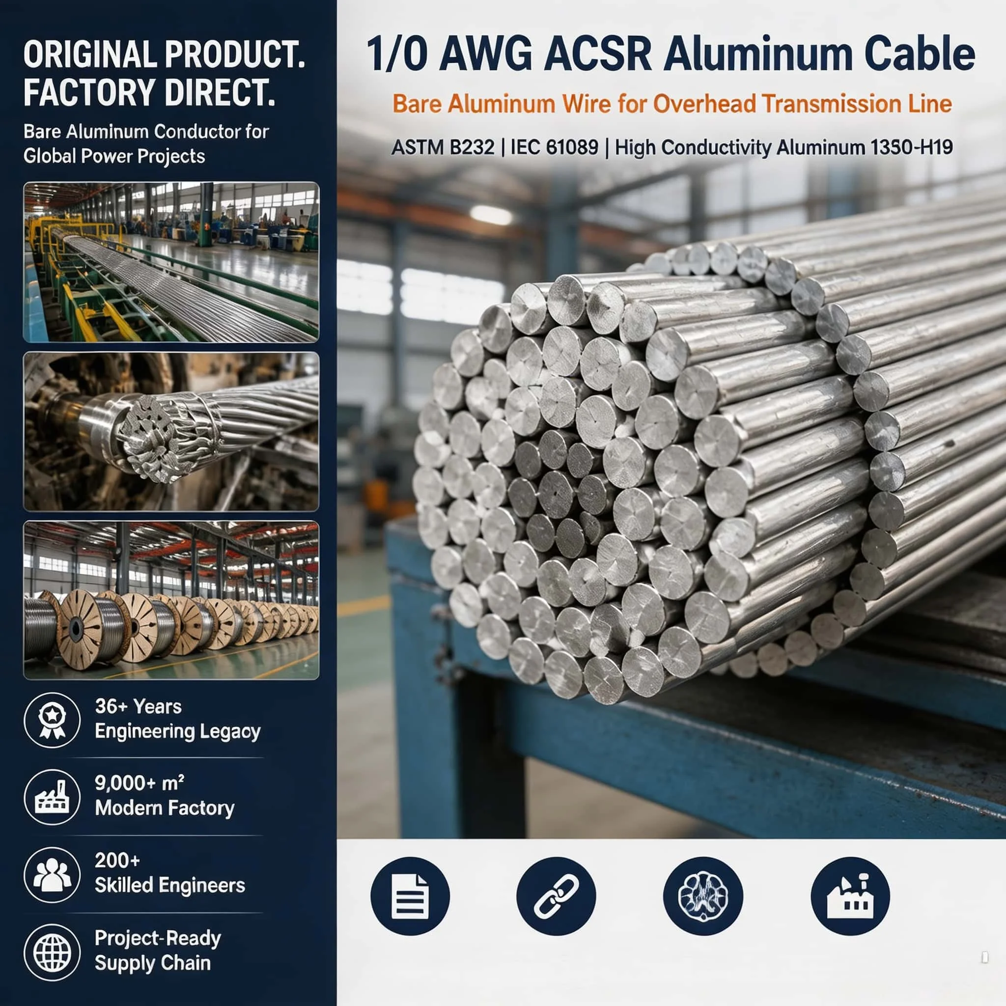 Aluminum Power Cable 1/0 AWG Aluminum Cable Bare Overhead Conductor for Power Transmission Lines