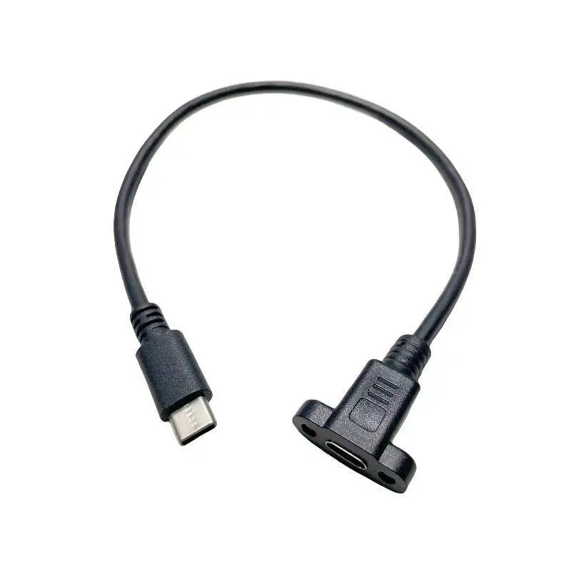 1Pcs Black Panel Mount Type-C USB-C Male To Female Extension Cable With Screw Hole Lock Connector Cable 0.3/0.5/1/1.5 Meters