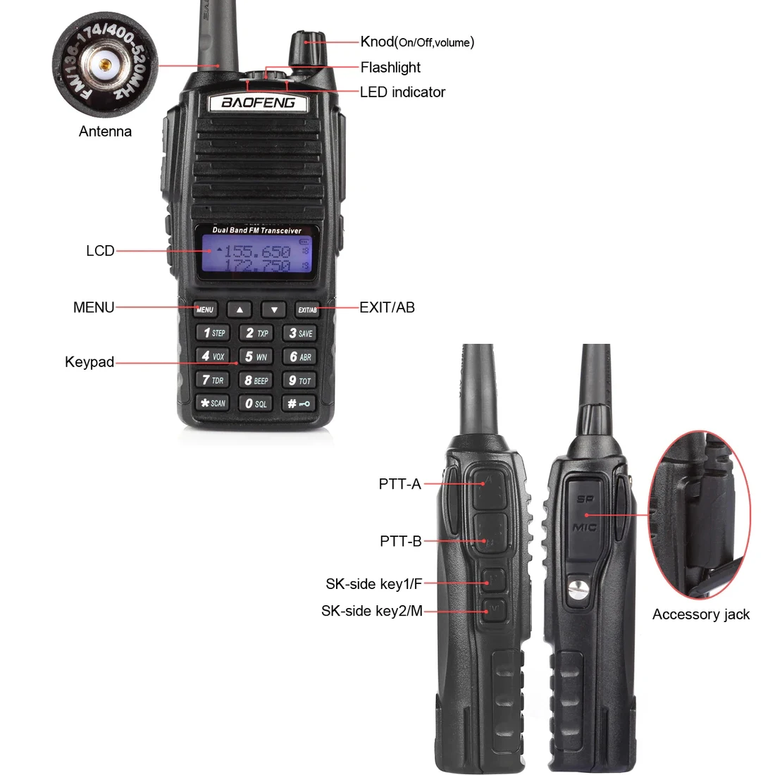 Baofeng-walkie-talkie de banda Dual, Radio FM de 10 KM, UHF, VHF, dos vías, uv 82, 5W, 1CS/lote, UV-82