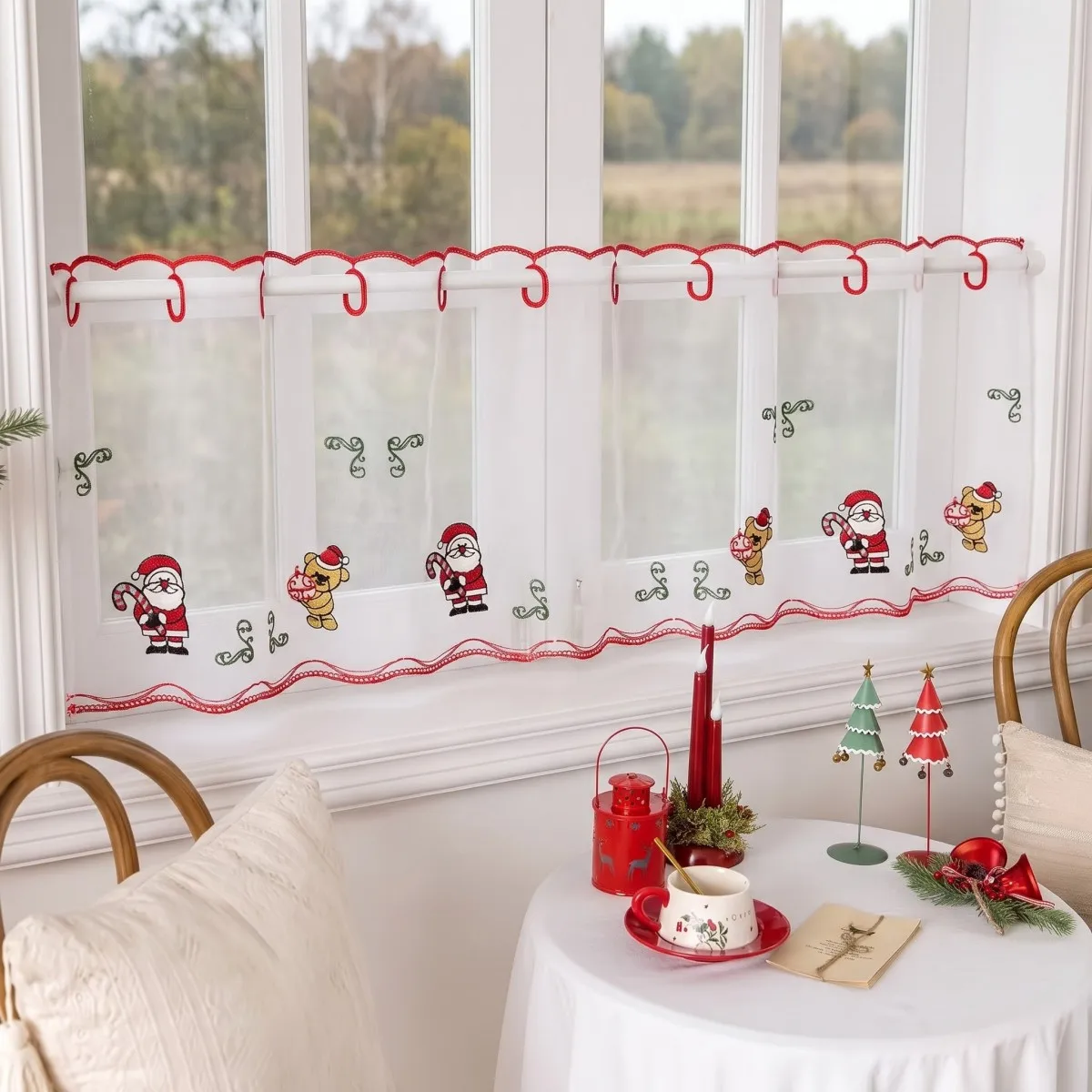 1PC Christmas embroidered window curtain,Santa Claus and teddy bear candy stick pattern,semi transparent screen curtain,