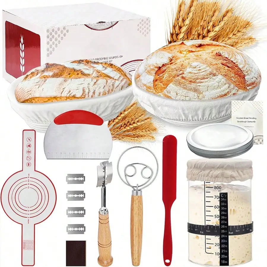 Complete Sourdough Starter Kit,10 Inch Round & 9 Inch Oval Banneton Sourdough Bread Baking Supplies With Sourdough Starter Jar, Sour Dough Starter Kits For Women, Men, And Bread Bakers